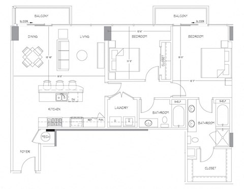 Floor plan for 2 beds, 2 baths, 1262 sqft